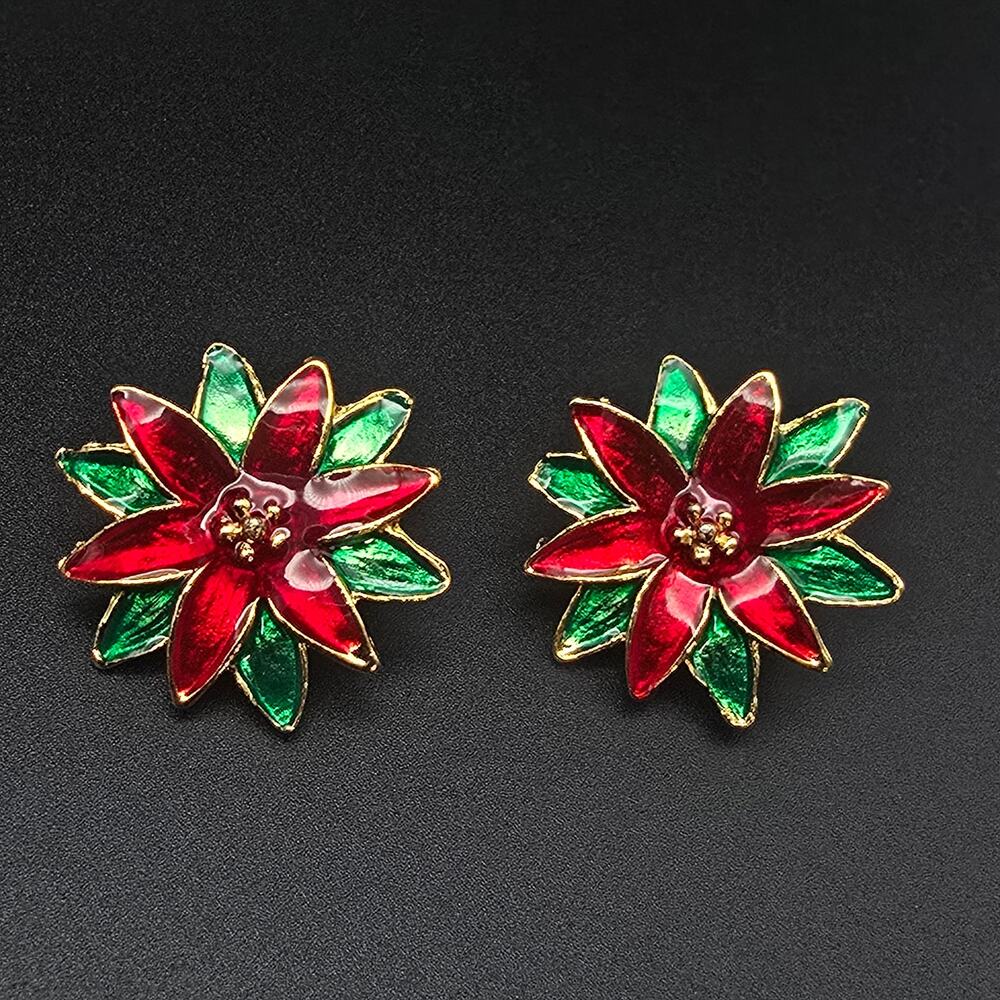 Poinsettia Flower Clip On Earrings Enamel Christmas Jewelry Vintage NOS On Card